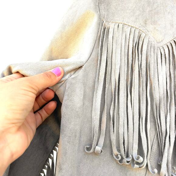 Free People Fringe Out Vegan Suede Faux Leather Gray Grey Jacket Western Small - Picture 10 of 11